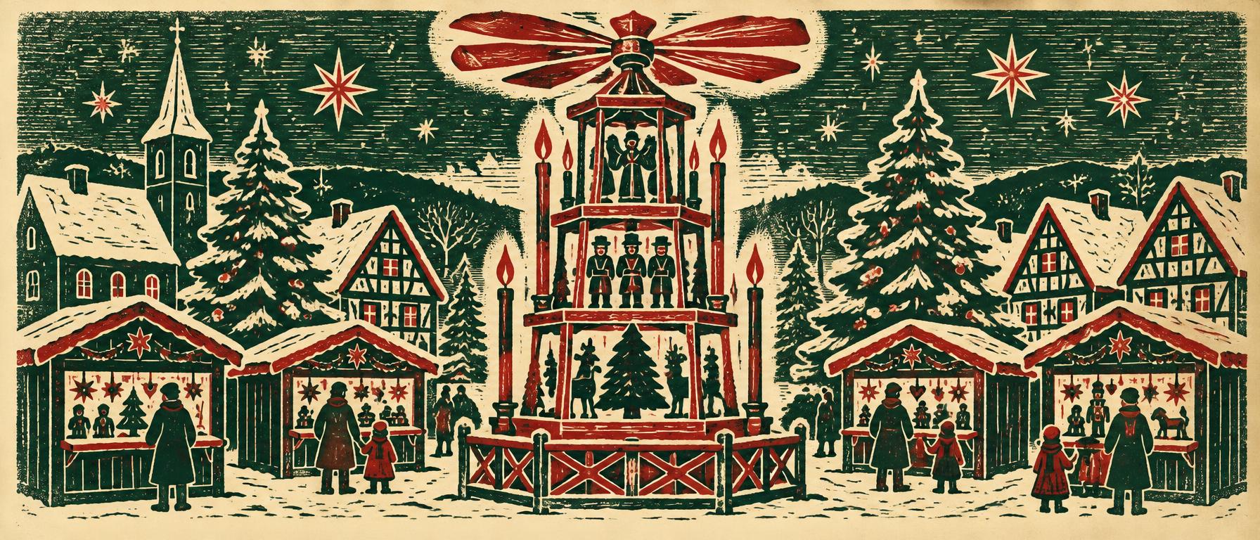 Linolschnitt-Illustration: Weihnachtsmarkt mit Holzbuden, großer Weihnachtspyramide, Tannenbäumen und Sternenhimmel